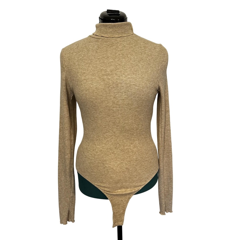 Free People Intimately Ribbed Turtleneck Bodysuit Womens Large Beige Snap Thong